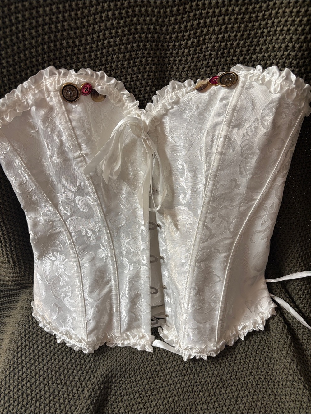 White Lace Corset with buttons detail, pearl white floral design size M